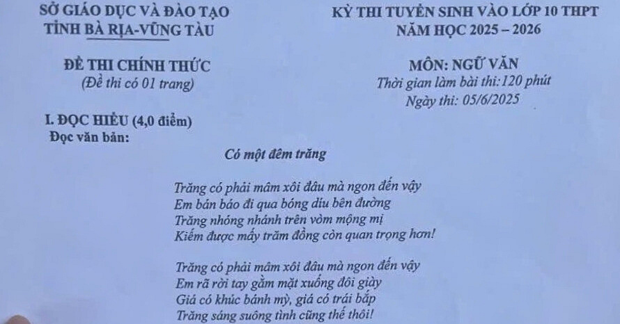 Đề thi môn Ngữ Văn vào lớp 10 tỉnh Bà Rịa - Vũng Tàu năm 2025