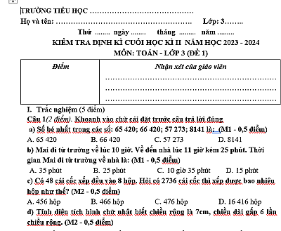 ĐỀ CUỐI KỲ 2 - TOÁN LỚP 3